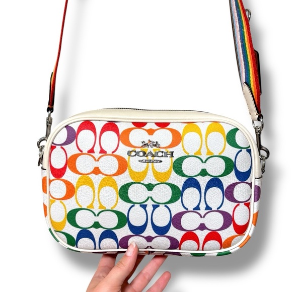 NWOT Coach Jamie Leather Camera Bag Rainbow Signature Canvas Silver/Chalk Multi - Picture 1 of 15